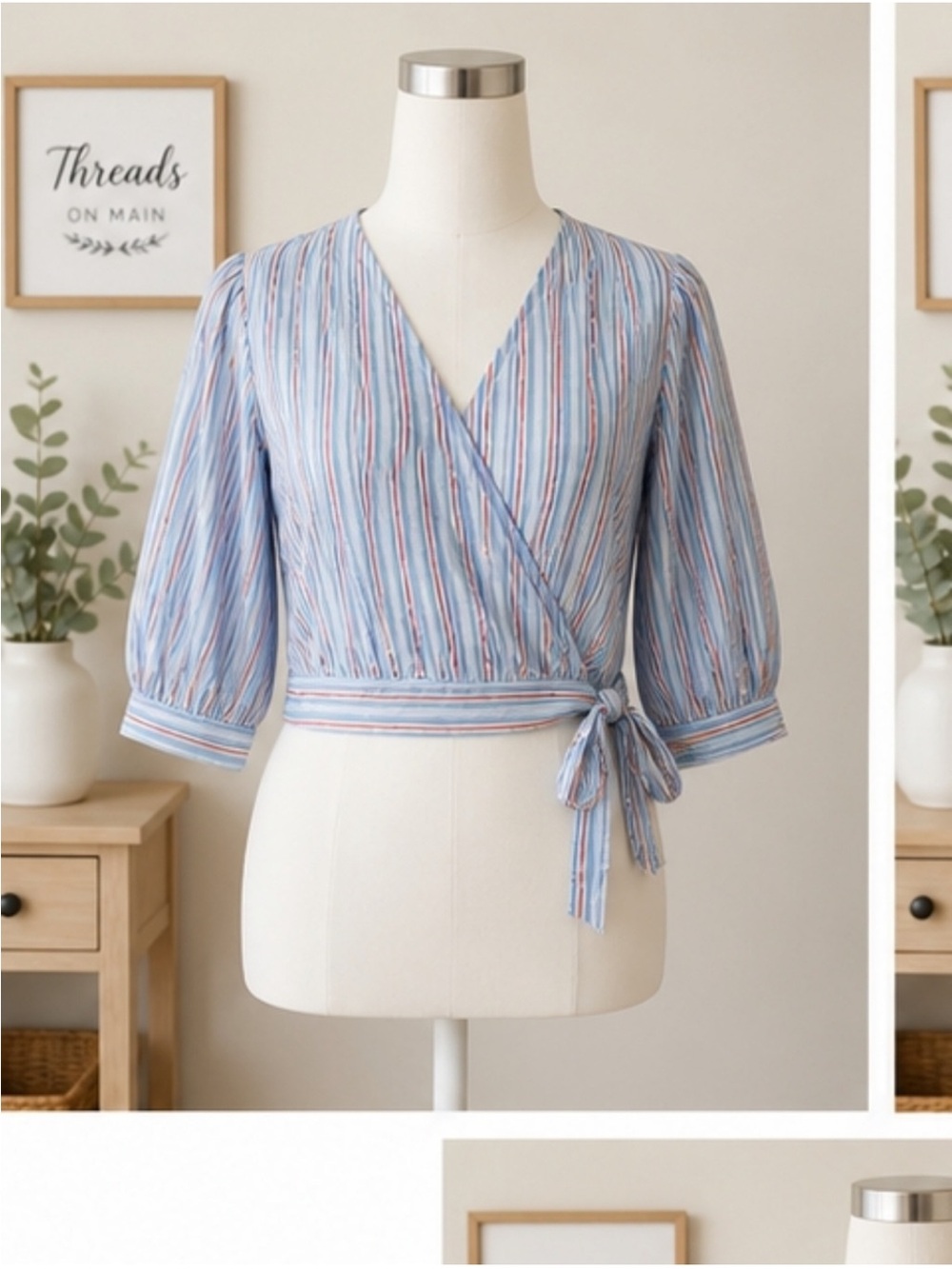 ANA STRIPED COTTON TWILL CROPPED WRAP TOP
